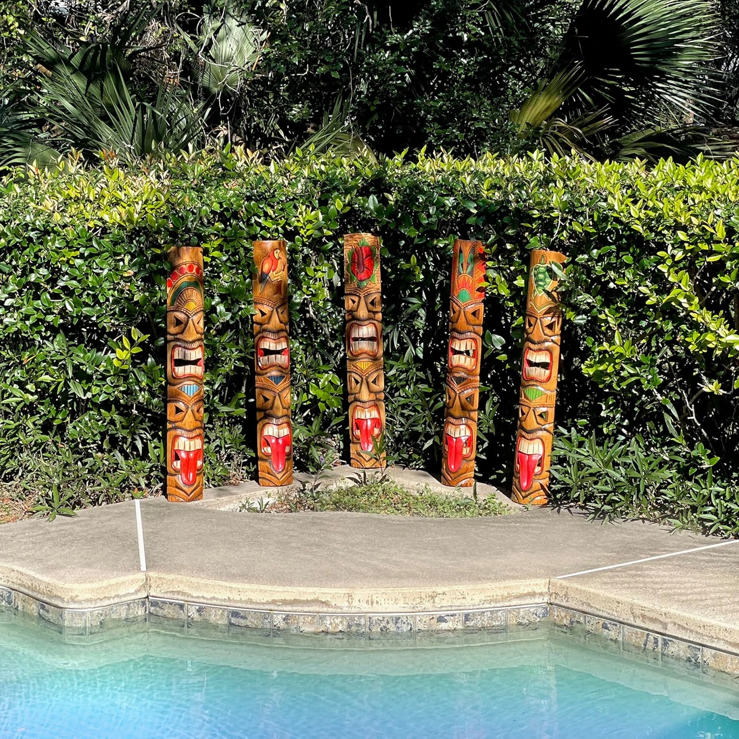 Zeckos Set of 5 Exquisite Hand-Carved Double Tiki Mask Totem Wall Sculptures, 40 Inches Tall, Crafted from Sustainable Wood, Vibrant Tropical Artistry for Indoors and Outdoors