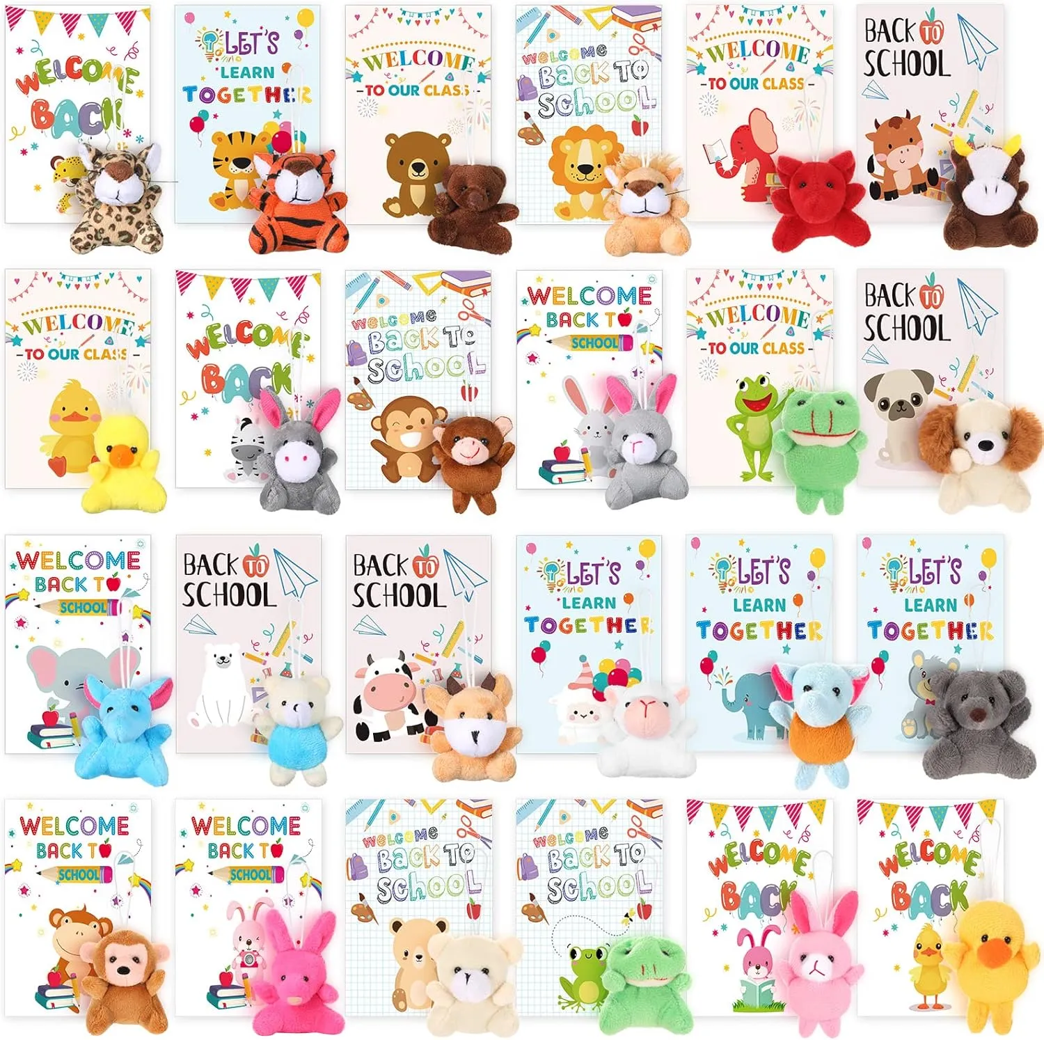 Zhanmai 24 Set Welcome Back to School Mini Animal Plush Toy Classroom Gifts for Students First Day of School Animal Plush Toys Bulk with wish card for Goodie Bag Fillers Party Favors
