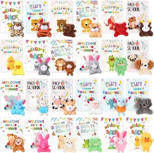 Zhanmai 24 Set Welcome Back to School Mini Animal Plush Toy Classroom Gifts for Students First Day of School Animal Plush Toys Bulk with wish card for Goodie Bag Fillers Party Favors