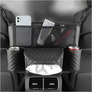 zipelo Car Handbag Holder Between Seats, PU Leather Multi-Pocket Large Capacity Purse Holder, Auto Net Bag Barrier of Backseat Pet Kids, Car Seat Organizers and Storage for Cargo Tissue Cup (Black)
