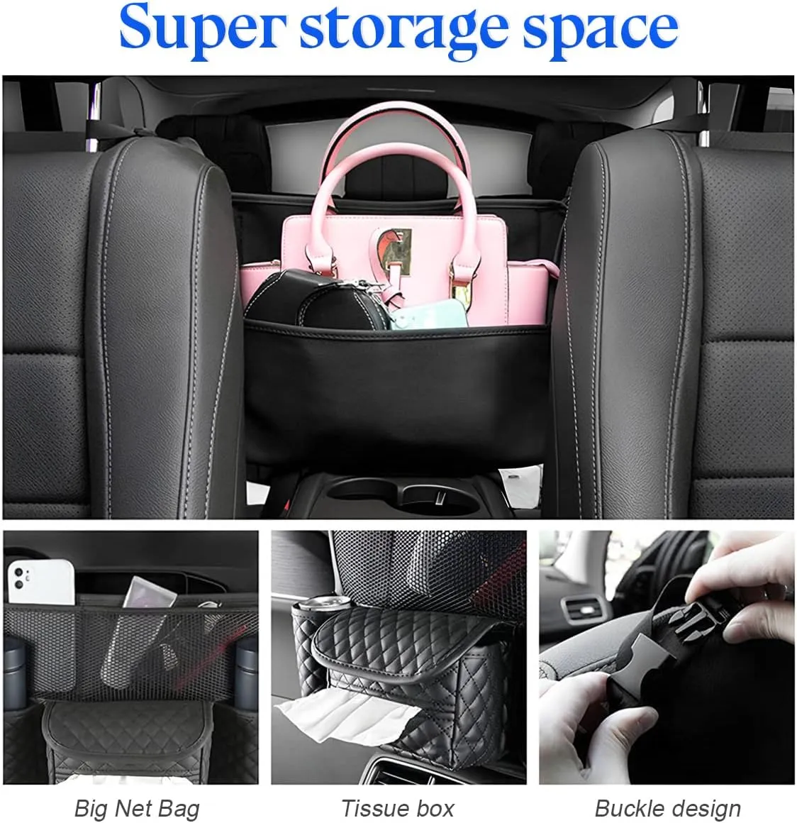 zipelo Car Handbag Holder Between Seats, PU Leather Multi-Pocket Large Capacity Purse Holder, Auto Net Bag Barrier of Backseat Pet Kids, Car Seat Organizers and Storage for Cargo Tissue Cup (Black)