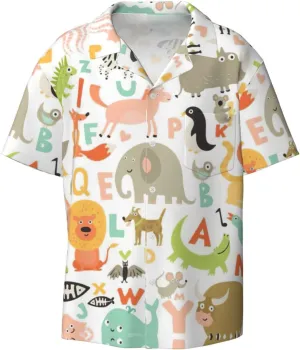 Zoo Alphabet Animal Print Men's Short Sleeve Casual Button Down Shirt for Men Holiday Beach Summer Wedding Party Shirt Black