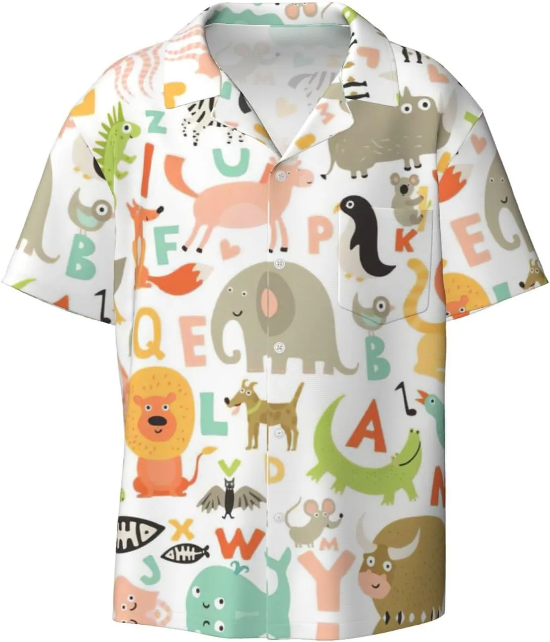 Zoo Alphabet Animal Print Men's Short Sleeve Casual Button Down Shirt for Men Holiday Beach Summer Wedding Party Shirt Black